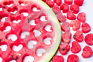 Watermelon fruit with heart shaped cut outs