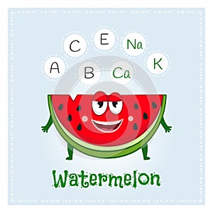 Watermelon fruit vitamins and minerals. Funny fruit character. Healthy food illustration