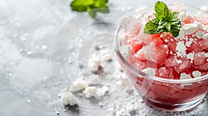 Watermelon granita topped with crumbled feta cheese and fresh mint in a glass bowl, served on a frosty surface