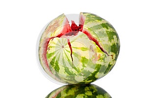Watermelon with cracks on white mirror background with reflection isolated close up