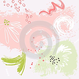 Watermelon grunge pink green bckground. Pastel colors brush stroke paint. Vector abstract paper marker shapes. Ink art elements.