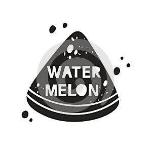 Watermelon grunge sticker. Black texture silhouette with lettering inside. Imitation of stamp, print with scuffs