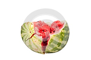 Watermelon half with cracks on a white background isolated close up