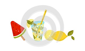 Watermelon Iceblock and Refreshing Drink with Straw Vector Set. photo