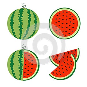 Watermelon icon set. Whole ripe green stem. Slice cut half seeds. Green Red round fruit berry flesh peel. Natural healthy food. Sw