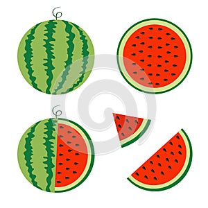 Watermelon icon set. Whole ripe green stem. Slice cut half seeds. Triangle. Green Red round fruit berry flesh peel. Healthy food.