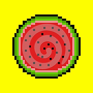 Watermelon isolated on yellow background. Pixel art of watermelon. 8 bit. Watermelon.