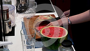 Watermelon juice in a plastic glass stir delicious healthy vitamins natural product in Vietnam