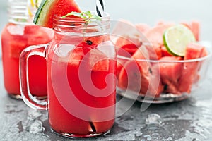 Watermelon juice and slices with lime