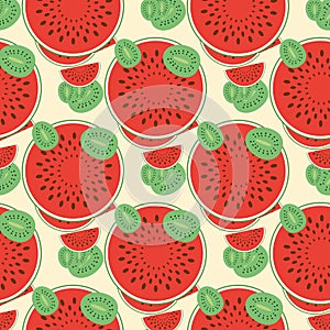 Watermelon and kiwi pattern. Fresh fruit halves pattern
