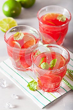 Watermelon lemonade with lime and mint, summer refreshing drink