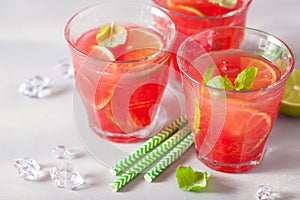 Watermelon lemonade with lime and mint, summer refreshing drink