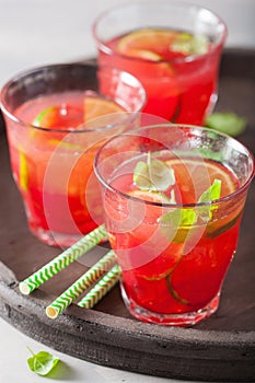 Watermelon lemonade with lime and mint, summer refreshing drink