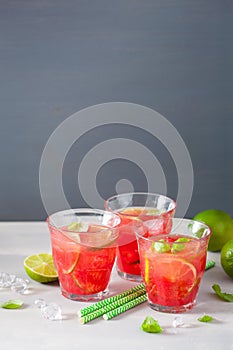 Watermelon lemonade with lime and mint, summer refreshing drink