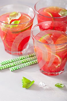 Watermelon lemonade with lime and mint, summer refreshing drink