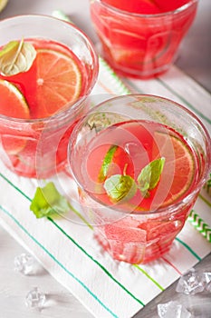 Watermelon lemonade with lime and mint, summer refreshing drink