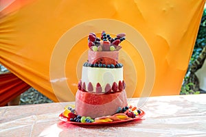 watermelon and melon cake decorated with fruit for wedding