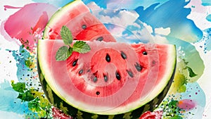 A watermelon with a mint leaf on it is shown, AI