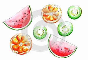 Watermelon, orange and kiwi slices.