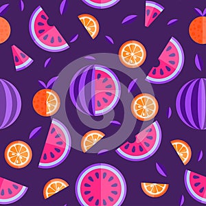 Watermelon and orange seamless pattern. Fruit bright seamless pattern or background. Vector Illustration