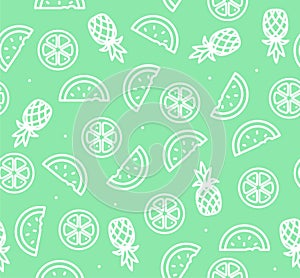 Watermelon, Pineapple and Orange Tropical Fruit Background Pattern. Vector