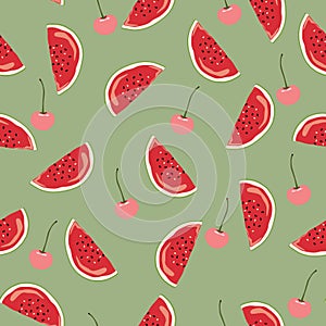 Watermelon and pink cherry vector illustration.