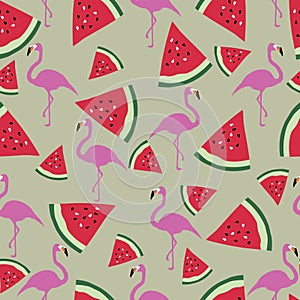 Watermelon with pink flamingo bird vector illustration for summer holiday