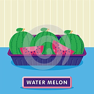 Watermelon on the plastic food packaging tray wrapped with polyethylene. Vector illustration