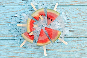 Watermelon popsicle yummy fresh summer fruit sweet dessert wood teak