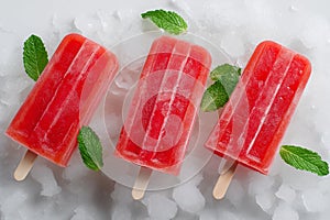 Watermelon Popsicles on Crushed Ice with Mint Leaves