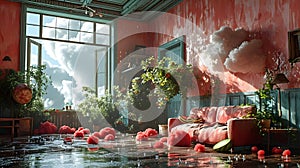 Watermelon rain with cloud Creative idea Minimal summer concept 3d rendering