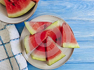 Watermelon ripe, nutritious healthy tasty freshness sweet summertime on a blue wooden background
