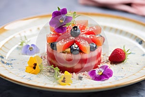 watermelon salad garnished with edible flowers on a white ceramic plate