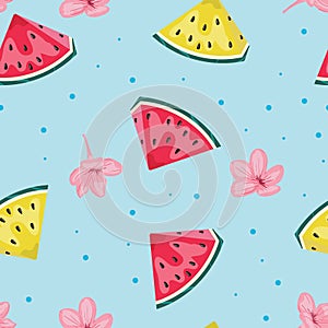 Watermelon seamless pattern with a blue background.