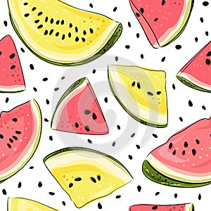 Watermelon seamless pattern. Hand drawn watermelon slice and seeds. Vector illustration for textile, paper and other products.