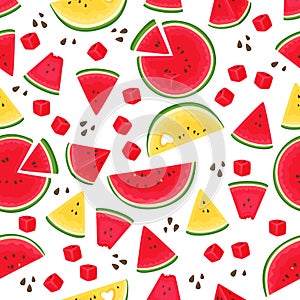 Watermelon seamless pattern. Summer juicy fruit, red and yellow slices with seeds, sweet cubes, bright color wallpaper