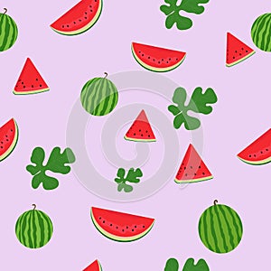 Watermelon seamless pattern. Watermelon slices. Watermelon leaves