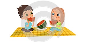 Watermelon season. Boy girl eat watermelon. Summer outdoor activity, friendly picnic on plaid vector illustration