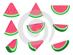 Watermelon set isolated on white background. Flat and 3d icons of watermelon slices. Watermelon with seeds. Design for printing on