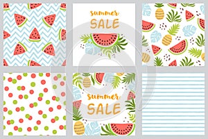 Watermelon set Summer seamless patterns, cards. Pineapple, watermelon, palm tropical leaves posters Summer sale text