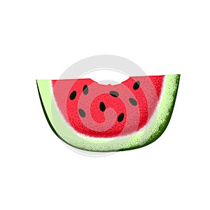 Watermelon slice with bite mark. Watermelon textured  illustration on white background. Summer fruit icon isolated