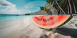 Watermelon slice in the sand on a beautiful tropical beach