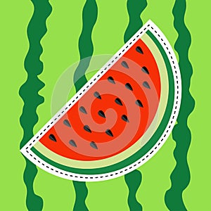 Watermelon slice sticker icon. Dash line. Cut half seeds. Sweet water melon. Red fruit berry flesh. Natural healthy food. Tropical