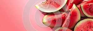 Watermelon slices arranged on high-colored pink background. Simple basic summer harvest and holiday background, top view