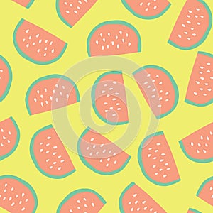 Watermelon slices background. Vector seamless pattern with illustrated fruits isolated on lime yellow. Food illustration. Use for