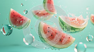 Watermelon slices floating in midair, with water drops and splashes.