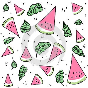 Watermelon slices and leaves seamless pattern