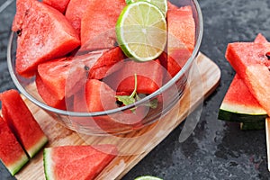 Watermelon slices with lime and smoothie