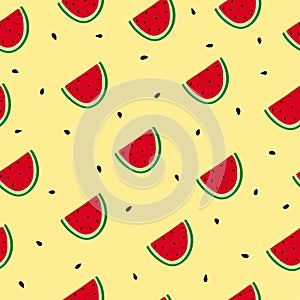 Watermelon slices seamless pattern. Hand drawn doodle fruit on yellow background. Bright summer background.