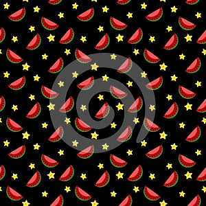 Watermelon slices and stars vector seamless pattern. Illustration for wallpaper, wrapping paper, textile, background. Red juicy su